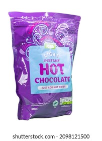 Norwich, Norfolk, UK – December 2021. A Packet Asda Branded Light Instant Hot Chocolate Mix Cut Out Isolated On A Plain White Background