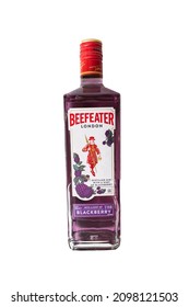 Norwich, Norfolk, UK – December 2021. A Bottle Of Beefeater London Blackberry Flavoured Gin Cut Out Isolated On A Plain White Background