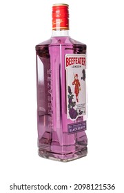 Norwich, Norfolk, UK – December 2021. A Bottle Of Beefeater London Blackberry Flavoured Gin Cut Out Isolated On A Plain White Background