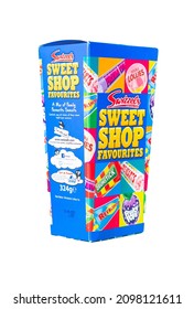 Norwich, Norfolk, UK – December 2021. A Swizzels Branded Box Of Classic And Retro Sweets And Candy Cut Out Isolated On A Plain White Background