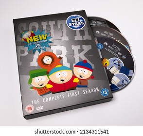 Norwich, Norfolk, UK – February 2022. The Complete First Season South Park DVD Box Set Isolated On A Plain White Background. A Classic Animated Series With Adult Humour