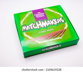 Norwich, Norfolk, UK – January 2022. A box of Quality Street cool mint Matchmakers chocolates cut out isolated on a plain white background