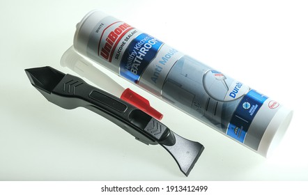 Norwich, Norfolk, UK – January 24 2021. An Illustrative Editorial Photo Of Unibond Anti Mould Sealer And Application Tool On A White Background