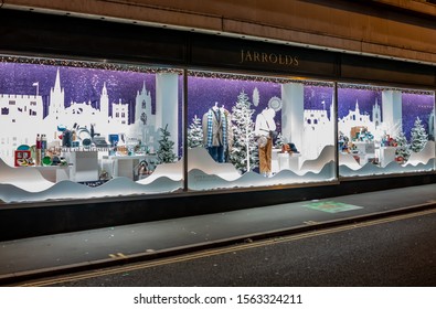 Norwich, Norfolk, UK – November 16 2019. Christmas Window Display Of The Jarrolds Department Store At Night