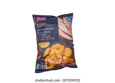 Norwich, Norfolk, UK – November 2014. A Packet Of Luxury Glazed Gammon Ham Flavoured Crisps Cut Out Isolated On A Plain White Background