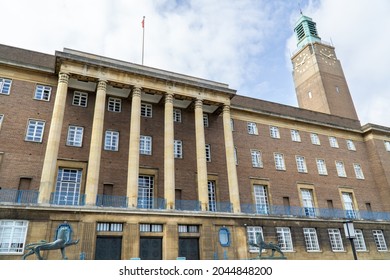 Norwich, UK - August 15 2021: Norwich Town Hall, 1930s Art Deco Building, East Anglia