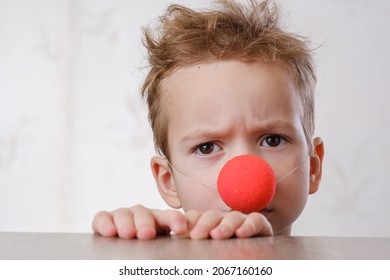 Nose Clown Background White Child Boy Closeup. Kid Carnival.