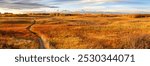 Nose Hill Calgary Alberta Urban City Park Panoramic Landscape. Hiking Footpath Trail Autumn Colour Change Natural Prairie Grassland Horizon