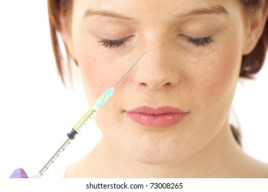 nose injection, young female face, isolated on white