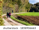 Nossegem, Belgium - November 4 2020: Hikers and bikers enjoying the autumn sun in Zaventem