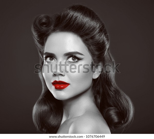 Nostalgia Pin Girl Red Lips Makeup Stock Photo Edit Now 1076706449