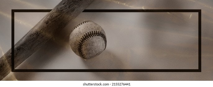 Nostalgia Sports Background For Baseball Game With Old Used Ball And Bat By Frame Border, Copy Space Beside Vintage Equipment.