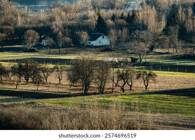 nostalgic autumn landscape with empty fields in the vistula valley