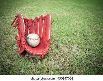 Nostalgic Baseball In Glove On A Baseball Field, With Place Your Text