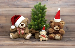 Nostalgic Christmas Decoration With Vintage Toys Teddy Bear Family. Retro Style Home Interior