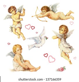 Nostalgic Design Elements Set: Vintage Angels, Doves And Roses