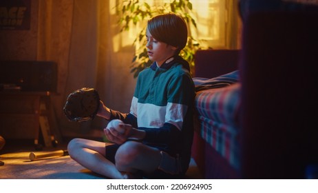 Nostalgic Retro Childhood Concept. Young Boy Playing With Baseball Inventory In His Room With Old-School Interior. Sports Fan Having Fun At Home In Nineties Reality.