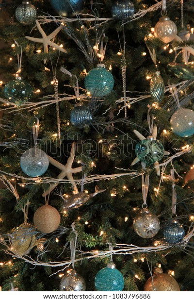 Nostalgic Scene Christmas Tree Decorated Seashore Stock Photo