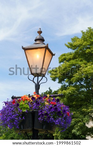 Nostalgic street lamp with summer flowers in a basket displayed in a public park with a nostalgic Victorian look.