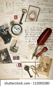 Nostalgic Vintage Background With Old Post Cards, Letters And Photos. Collage. Artwork