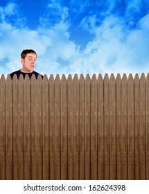 A nosy neighbor is looking over a fence in a backyard at something with shock and surprise on his face for a secret or privacy concept.