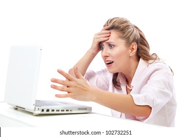 Not Again, Oh No! / Beautiful Woman Holding Her Head And Screaming At Her Laptop