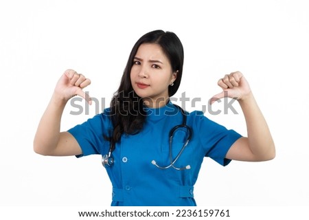 Not good, bad, don't, Medical nurse character woman hospital worker, Young confident Asian woman nurse hospital worker in blue clothing isolated on white background.