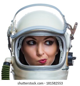 Not Impressed Young Woman Wearing Space Helmet Isolated On White Background. Emotional Concept