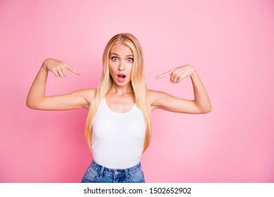 It's Not My Fault! Photo Of Lady Indicating Fingers On Herself Not Believe Mom Blaming Her Wear Casual Outfit Isolated On Pink Color Background