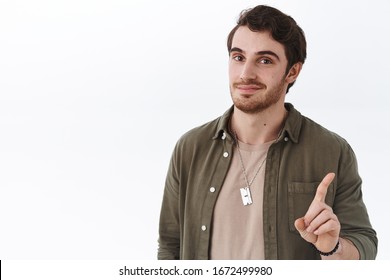 Not On My Watch. Smiling Confident And Happy Young Man With Beard, Saying No Or Prohibit Action, Shaking Finger Disapproval, Dont Like Plan, Give Warning, Scolding For Bad Choice, White Background