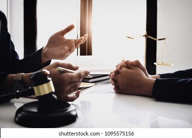 Notary Consultant Concept , Judge Gavel With Client Consult Lawyer Lawsuit Bankruptcy Of Her. Concepts Of Law.