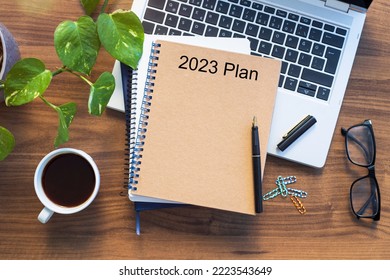 Note book with 2023 goals text on it to apply new year resolutions and plan. - Shutterstock ID 2223543649