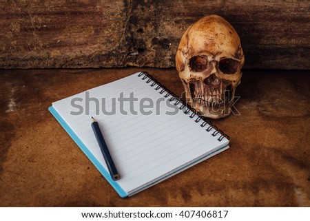 note book and model skull on wooden floor