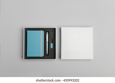 Note Book,pen, Usb, Box, Package Mock Up