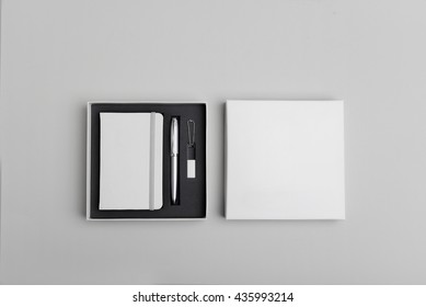 note book,pen, usb, box, package mock up