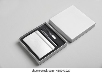note book,pen, usb, box, package mock up