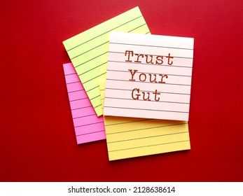 Note pad on red background with handwritten text TRUST YOUR GUT refers to trusting feelings of intuition,Following  instinct, can be valuable tool in some circumstances