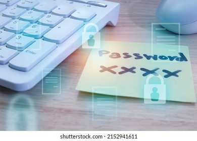 Note Paper Of Password Key Sticked On Keyboard Computer, Security Awareness And Password Management