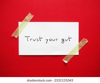 Note stick on red background with handwritten text TRUST YOUR GUT refers to trusting feelings of intuition. Following  instinct, can be valuable tool in some circumstances