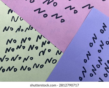 note with word no repeated multiple times, note with word no, Purple sticky note with word no, Pink note with word no
