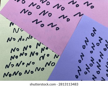 note with word no repeated multiple times, note with word no, Purple sticky note with word no, Pink note with word no