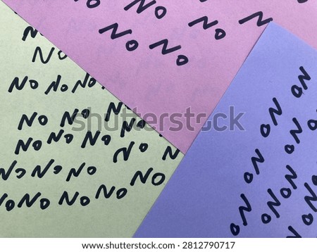 note with word no repeated multiple times, note with word no, Purple sticky note with word no, Pink note with word no