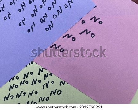 note with word no repeated multiple times, note with word no, Purple sticky note with word no, Pink note with word no