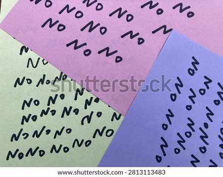 note with word no repeated multiple times, note with word no, Purple sticky note with word no, Pink note with word no