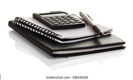 Notebook, Blank Pages For Notes, A Calculator And A Pen Isolated On White Background.