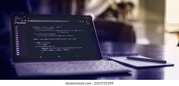 Notebook closeup photo. CSS, JavaScript and HTML usage. Monitor closeup of function source code. Abstract IT technology background. - Shutterstock ID 2315731599