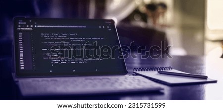 Notebook closeup photo. CSS, JavaScript and HTML usage. Monitor closeup of function source code. Abstract IT technology background.