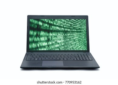 Notebook computer over white background. Black background with green text. Old monitors CRT, matrix style.