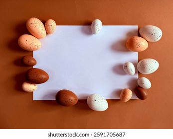 Notebook with Easter Eggs. Spiral notepad on spring beige background. Top view of open writing pad with blank page, office flat lay. White Page for your write. Copy Space. Easter Mock Up. Peach Fuzz. - Powered by Shutterstock - Get 15% off with code: PIKWIZARD15