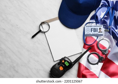 Notebook With Flag Of USA And FBI Agent's Accessories On White Background